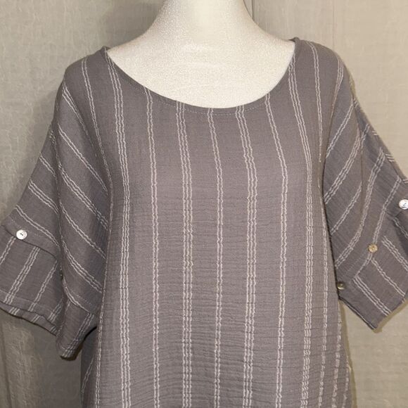 peck&peck XL Crinkle Pearl Gray White Striped Cotton Short Sleeve Top - Picture 3 of 9